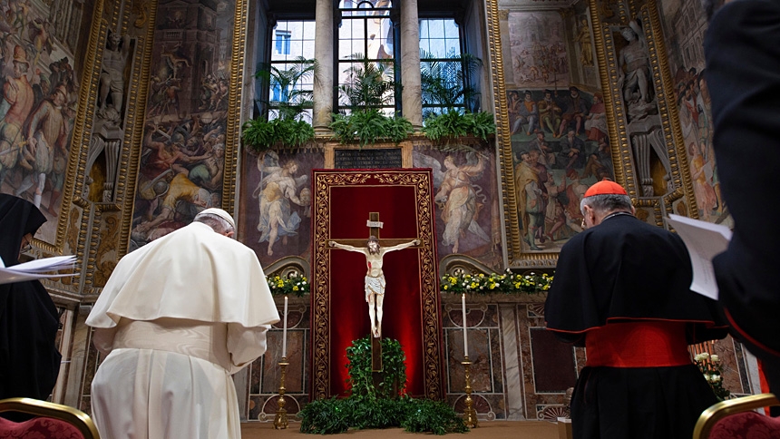 Pope Francis and church leaders from around the world attend a penitential liturgy during a meeting on the protection of minors in the church at the Vatican Feb. 23, 2019. The summit brought together the pope and 190 church leaders -- presidents of bishops' conferences, the heads of the Eastern Catholic churches, superiors of men's and women's religious orders and Roman Curia officials. (CNS photo/Vatican Media)