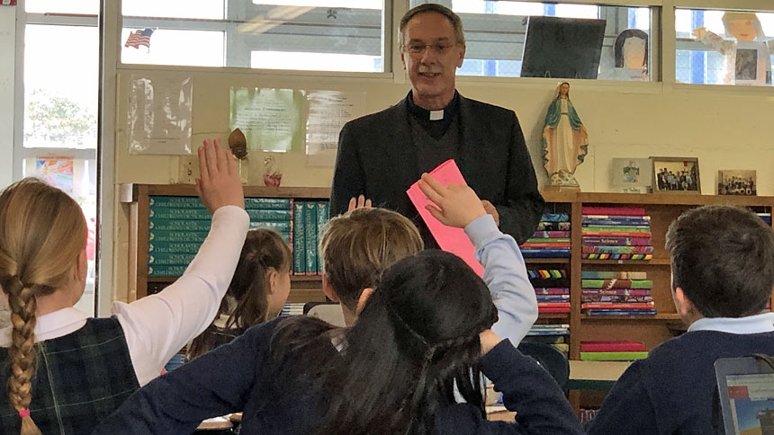 Bishop Luis Rafael Zarama visited St. Egbert School in Morehead City Jan. 29 during Catholic Schools Week. The school and parish are recovering from damaged caused by Hurricane Florence last year.