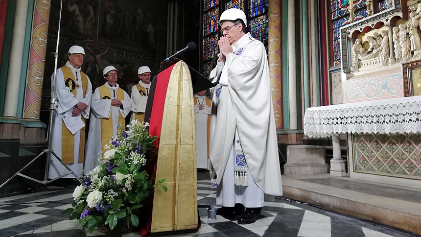 Archbishop Michel Aupetit of Paris celebrates Mass in the Chapel of the Virgin inside Notre Dame Cathedral June 15, 2019. It was the first Mass since a huge blaze devastated the landmark building in April. (CNS photo/Karine Perret, pool via Reuters)
