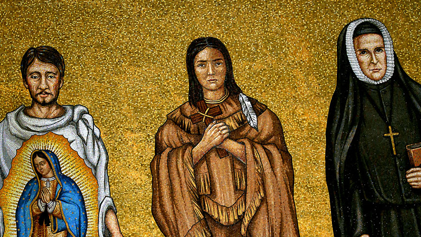 Mosaic tiles depicting St. Juan Diego and St. Kateri Tekakwitha are seen in the Trinity Dome at the Basilica of the National Shrine of the Immaculate Conception in Washington. (CNS photo/Tyler Orsburn) 