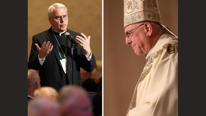 Archbishop Paul S. Coakley of Oklahoma City, chairman of the U.S. Conference of Catholic Bishops' Committee on Domestic Justice and Human Development, and Archbishop Joseph F. Naumann of Kansas City, chairman of the U.S. bishops' Committee on Pro-Life Activities, are seen in this composite photo. (CNS composite/photos by Bob Roller)