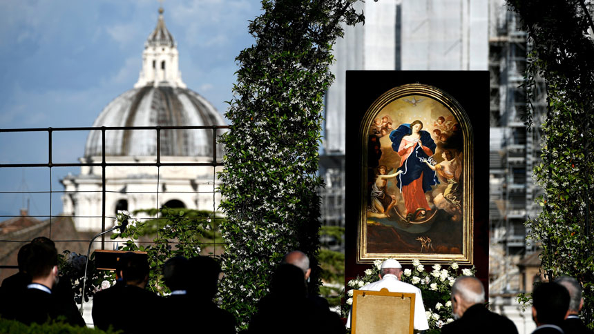 Pope Francis leads an evening Marian prayer service in the Vatican Gardens May 31, 2021. The serviced finished a monthlong rosary marathon to pray for the end of the COVID-19 pandemic. (CNS photo/Filippo Monteforte, Reuters pool)