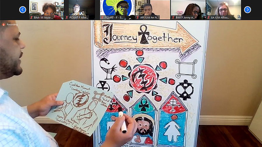 Jason Smith uses African American imagery to illustrate elements of the "Journeying Together" intercultural dialogue during the February 2021 session. More than 2,300 young adults and ministry leaders have participated at different stages of the process since it kicked off in July 2020. (CNS photo/courtesy Mar Munoz-Visoso)