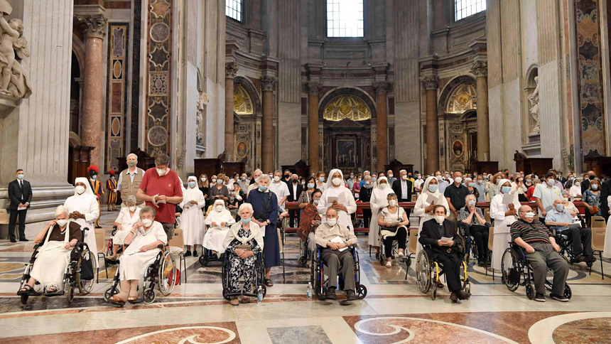 Grandparents and the elderly, with their children, grandchildren and caregivers attend Mass in St. Peter's Basilica at the Vatican July 25, 2021, for the first World Day for Grandparents and the Elderly. (CNS photo/Vatican Media)