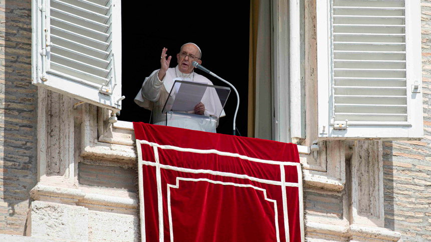 Pope Francis leads the Angelus from the window of his studio overlooking St. Peter's Square at the Vatican Aug. 8, 2021. In his Angelus message, the pope said Jesus is the "essential bread of life," the one who "makes us feel loved even if everyone else disappoints us" and "gives us the strength to love." (CNS photo/Vatican Media)