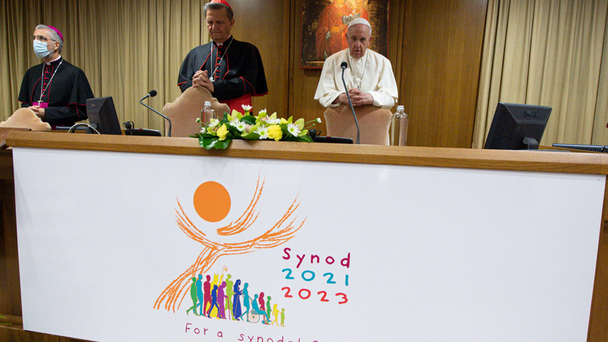 Pope Francis leads a meeting with representatives of bishops' conferences from around the world at the Vatican Oct. 9, 2021. The meeting came as the Vatican launches the process that will lead up to the assembly of the world Synod of Bishops in 2023. Maltese Cardinal Mario Grech, secretary-general of the Synod of Bishops,(CNS photo/Paul Haring)