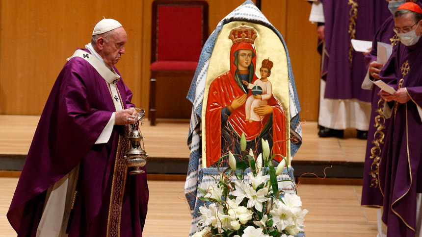 Pope Francis uses incense to venerate a Marian image as he celebrates Mass in the Megaron Concert Hall in Athens, Greece, Dec. 5, 2021. (CNS photo/Paul Haring)