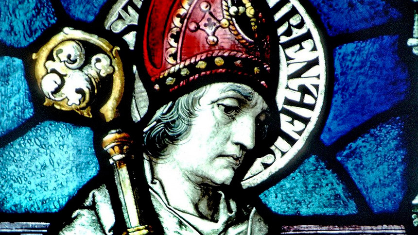 St. Irenaeus of Lyon is pictured in a stained-glass window at the Basilica of Our Lady Immaculate in Guelph, Ontario. Pope Francis received a formal recommendation Jan. 20 to declare St. Irenaeus of Lyon a doctor of the church, the Vatican announced. (CNS photo/The Crosiers)