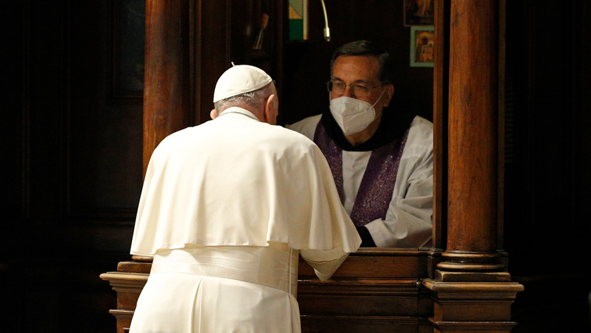 Pope Francis goes to confession during a Lenten penance service in St. Peter's Basilica at the Vatican March 25, 2022. (CNS photo/Paul Haring)