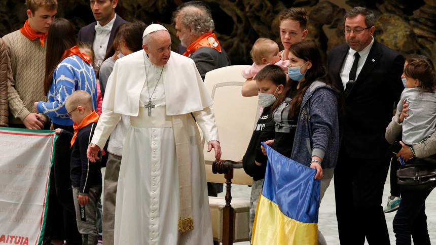 Pope Francis meets refugees from Ukraine during his general audience in the Paul VI hall at the Vatican March 30, 2022. The pope asked people to pray for his upcoming trip to Malta and to pray for an end to the "savage cruelty" of war. (CNS photo/Paul Haring)