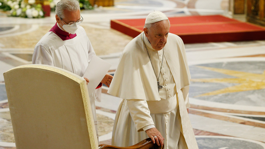 Pope Francis arrives at his seat as he participates in Mass marking the feast of Divine Mercy in St. Peter's Basilica at the Vatican April 24, 2022. (CNS photo/Paul Haring)