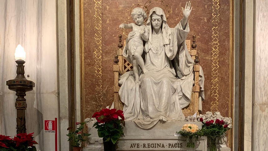 The statue of Our Lady Queen of Peace is seen at the Basilica of St. Mary Major in Rome in this Dec. 10, 2019, file photo. Pope Francis will close the Marian month of May by reciting the rosary for peace May 31 in front of the statue. (CNS photo/Cindy Wooden)
