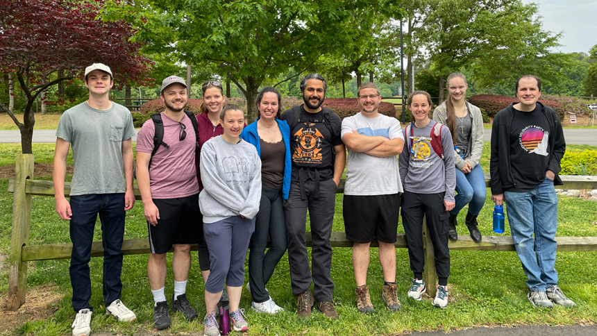 Henry Moree (second from left) started the Catholic Young Adult Saturday hikes in 2020. Emily Shira (third from right) is new to the area and participated with the group on a recent hike in Cary.