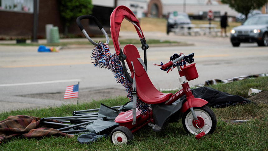 A tricycle is seen near the scene of a mass shooting in the Chicago suburb of Highland Park, Ill., July 4, 2022. (CNS photo/Max Herman, Reuters)