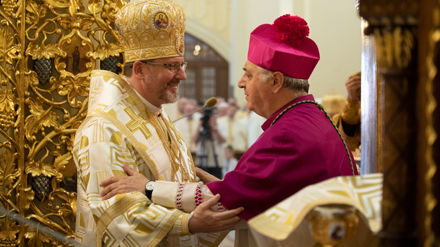 Archbishop Sviatoslav Shevchuk of Kyiv-Halych, head of the Ukrainian Catholic Church, greets Archbishop Salvatore Pennacchio, papal nuncio to Poland, as members of the Synod of Bishops of the Ukrainian Catholic Church celebrate a Divine Liturgy at the Cathedral of St. John the Baptist in Przemysl, Poland, July 7, 2022. (CNS photo/Oleksandr Savranskyi, Ukrainian Catholic Church)