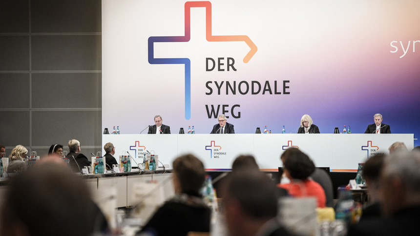 Leaders of the second Synodal Assembly are pictured during its opening session in Frankfurt, Germany, in this Sept. 30, 2021, file photo. An unsigned "declaration from the Holy See," published by the Vatican press office July 21, warned that Germany's Synodal Path cannot institute "new modes of governance and new approaches to doctrine and morals." (CNS photo/Julia Steinbrecht, KNA)