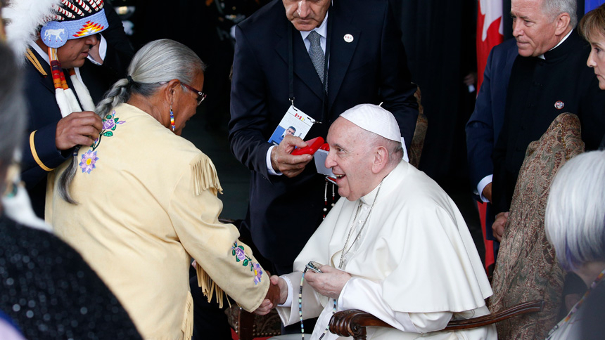  Pope Francis greets residential school survivor Alma Desjarlais of the Frog Lake First Nation during a welcoming ceremony at Edmonton International Airport July 24, 2022. The pope was beginning a six-day visit to Canada. (CNS photo/Paul Haring)