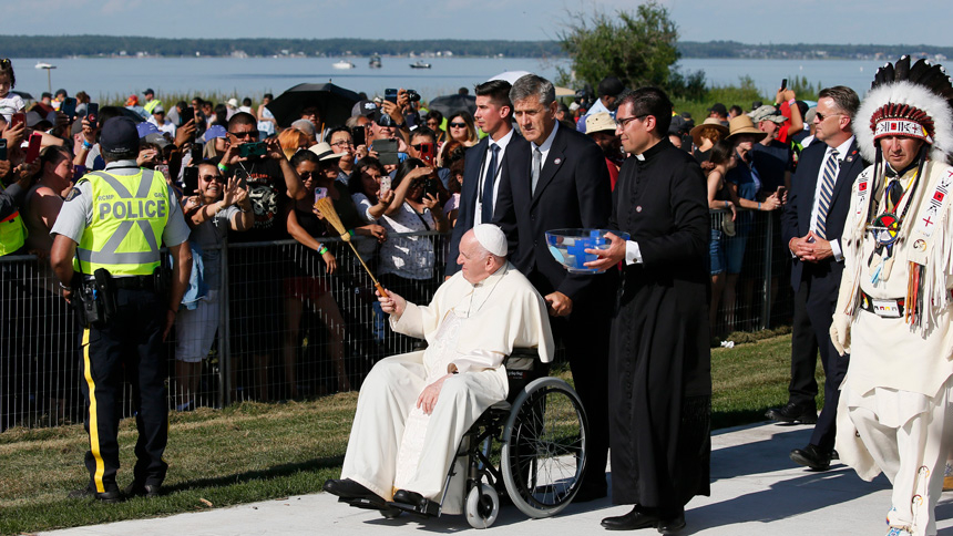 Pope Francis blesses the crowd as he participates in the Lac Ste. Anne pilgrimage and Liturgy of the Word in Lac Ste. Anne, Alberta, July 26, 2022. (CNS photo/Paul Haring)