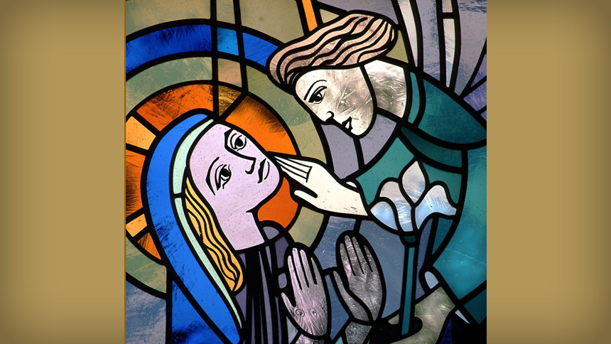  In this church window depicting the Annunciation, the angel Gabriel appears before Mary to proclaim that she is to be the mother of Jesus. The window is from St. Mary's Church in Willmar, Minn. The hymn, "The Angel Gabriel From Heaven Came," focuses on the Annunciation. (CNS photo/Crosiers)