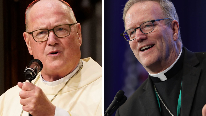 New York Cardinal Timothy M. Dolan, left, and Bishop Robert E. Barron of Winona-Rochester, Minn., are seen in this composite photo. Cardinal Dolan is chairman of the U.S. bishops' Committee for Religious Liberty, and Bishop Barron chairs the bishops' Committee on Laity, Marriage, Family Life, and Youth. (CNS composite/photos by Gregory A. Shemitz and Bob Roller)