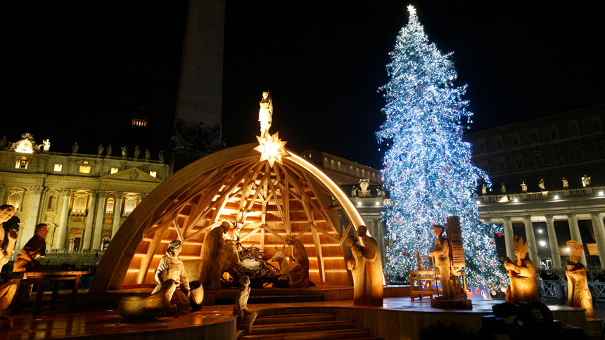 The Nativity scene and Christmas tree decorate St. Peter's Square after a lighting ceremony at the Vatican Dec. 3, 2022. (CNS photo/Paul Haring)