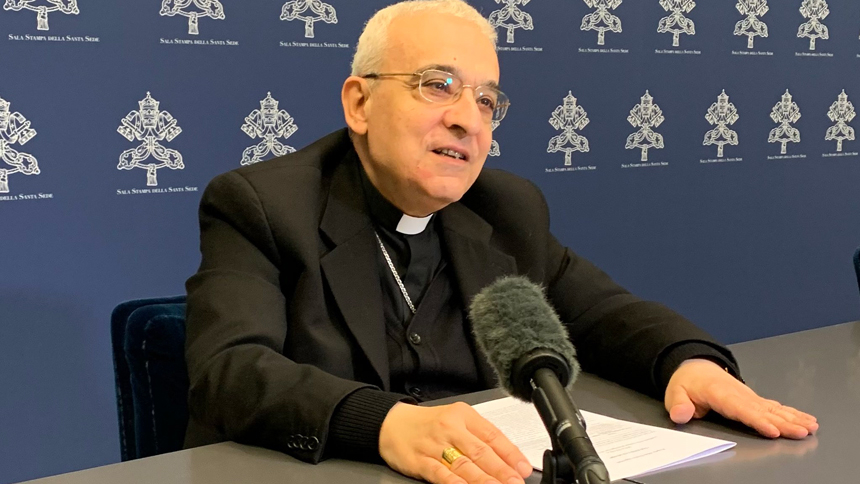 Archbishop Filippo Iannone, prefect of the Dicastery for Legislative Texts, speaks to reporters in the Vatican press office March 25, 2023, after Pope Francis issued an updated text of "Vos Estis Lux Mundi" (You are the light of the world), spelling out the procedures for investigating allegations of sexual abuse or of the cover up of abuse. (CNS photo/Cindy Wooden)