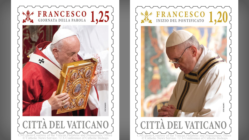 Vatican stamps show Pope Francis (left) kissing the Book of the Gospels and (right) praying during the Mass to inaugurate his pontificate March 19, 2013. (CNS photo/Courtesy of the Vatican Philatelic and Numismatic Office)