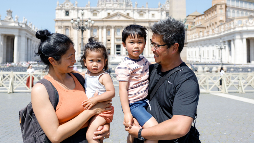 Members of the Cruz-Lay family from Australia pose for a photo in St. Peter's Square at the Vatican May 30, 2023, the day the Vatican announced the launch of the Family Global Compact. (CNS photo/Lola Gomez)
