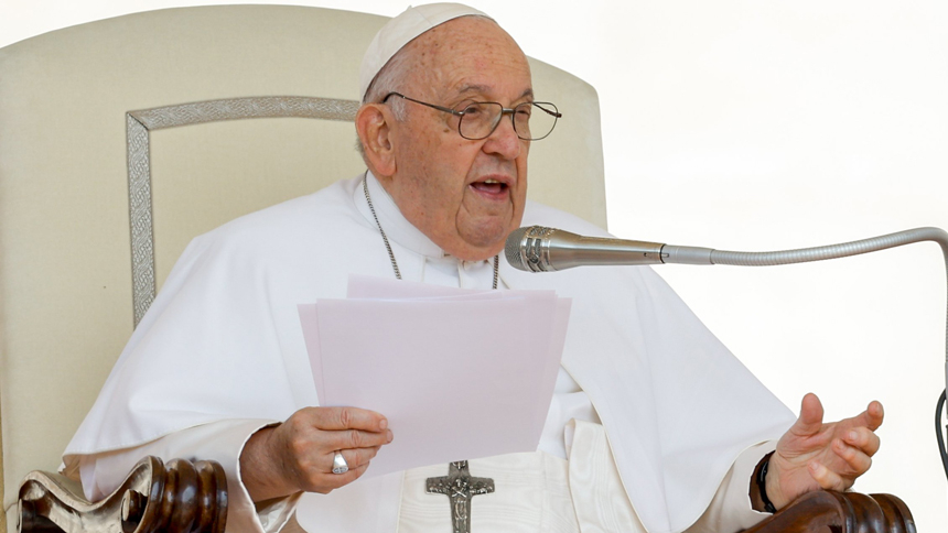 Pope Francis gestures as he speaks about apostolic zeal and the life of Jesuit Father Matteo Ricci during his weekly general audience in St. Peter's Square at the Vatican May 31, 2023. (CNS photo/Lola Gomez)