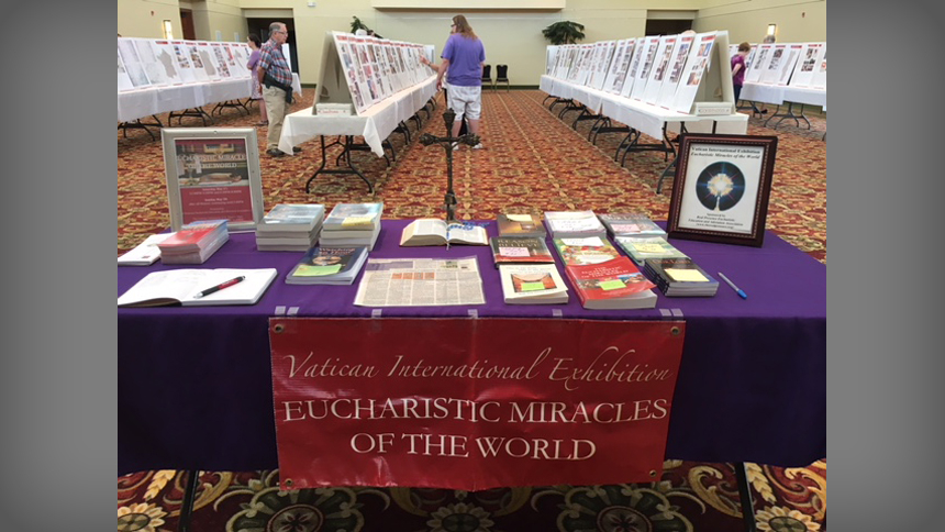 The Eucharistic Miracles Exhibit will be part of the congress Oct. 21, 2023. In this photo from June 2023, the exhibit is being shown at the St. Thomas More Friends & Family Hall in Chapel Hill.