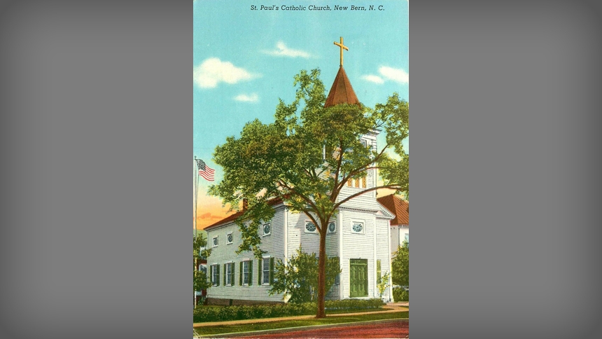 A vintage postcard, in bright colored ink, features the image of Old St. Paul Church in New Bern. It was built in 1841 and is still active today.