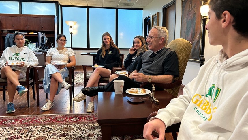 After Mass, students and members of Gibbons’ Spiritual Life Team spoke with Bishop Luis in his office.