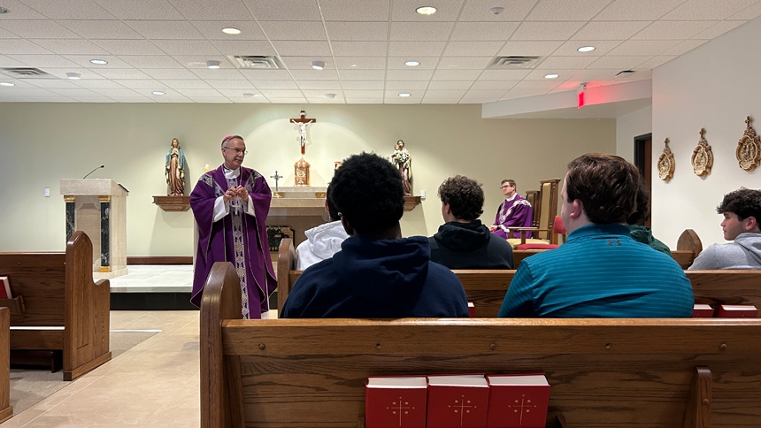 Bishop Luis Rafael Zarama shares a homily with Cardinal Gibbons students March 25 in the chapel at the Catholic Center in Raleigh.