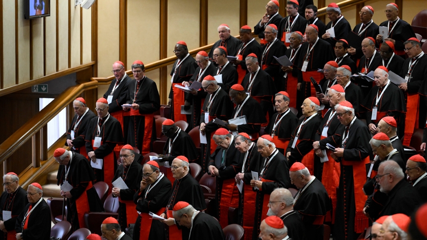 Cardinals gather in the New Synod Hall at the Vatican for their fifth general congregation meeting April 28, 2025. (CNS photo/Vatican Media)