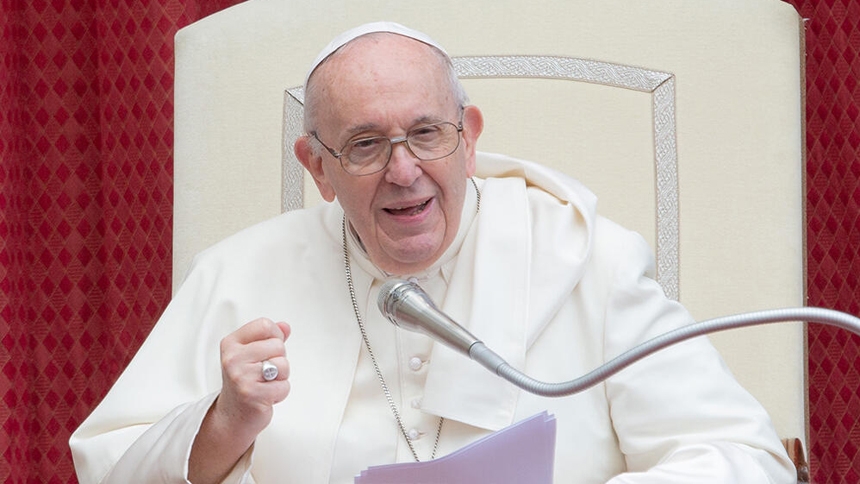 Pope Francis during the general audience at St. Damaso Courtyard at the Vatican on May 12, 2021. Daniel Ibáñez