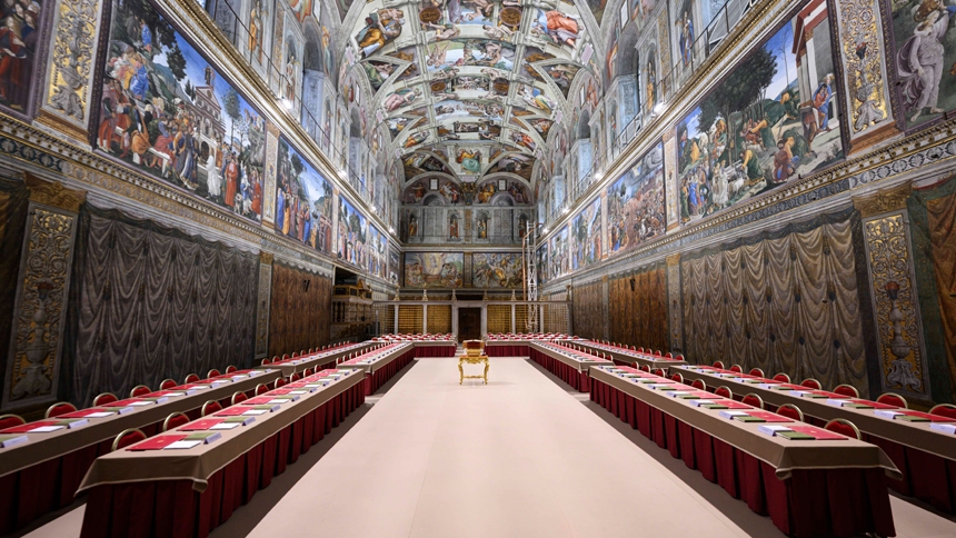 The Sistine Chapel, arranged for the conclave to elect a new pope which begins May 7, is seen at the Vatican May 6, 2025. (CNS photo/Vatican Media)