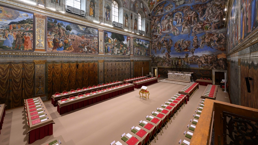 The Sistine Chapel, arranged for the conclave to elect a new pope which begins May 7, is seen at the Vatican May 6, 2025. (CNS photo/Vatican Media)