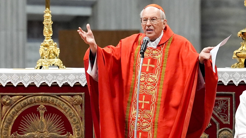 Cardinal Giovanni Battista Re, dean of the College of Cardinals, gives his homily as he presides over the Mass "Pro Eligendo Romano Pontifice" ("for the election of the Roman pontiff") at the Vatican May 7, 2025. (CNS photo/Pablo Esparza)