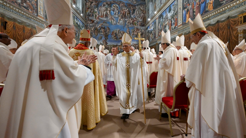 Pope Leo XIV processes out of the Sistine Chapel after celebrating his first Mass as pope with the cardinals who elected him at the Vatican May 9, 2025. (CNS photo/Vatican Media)