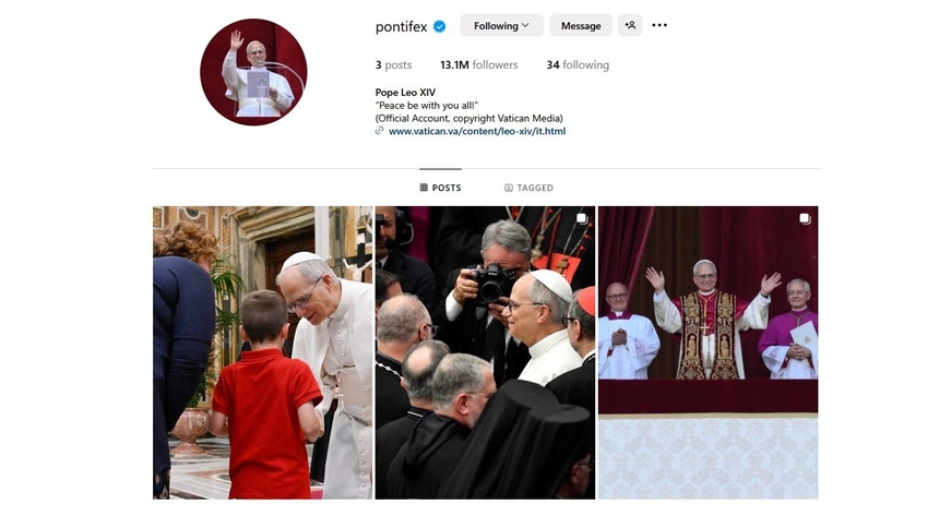 A screen grab shows Pope Leo XIV's @pontifex account on the social media platform Instagram May 16, 2025. (CNS photo/screen grab, Instagram)