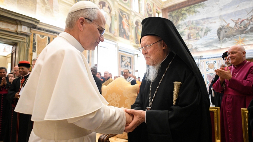 Pope Leo XIV greets Orthodox Ecumenical Patriarch Bartholomew of Constantinople during a meeting with religious leaders at the Vatican, May 19, 2025. The leaders had come to Rome for the pope's inauguration Mass. (CNS photo/Vatican Media)
