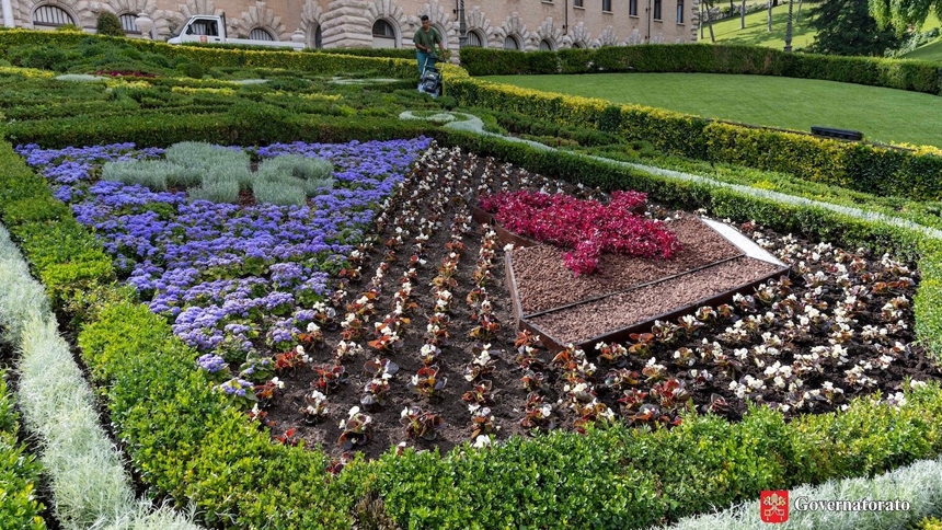 A botanical reproduction of Pope Leo XIV's coat of arms can be seen in this photo taken in May 2025 at the Vatican. (CNS photo/courtesy of the office governing Vatican City State)