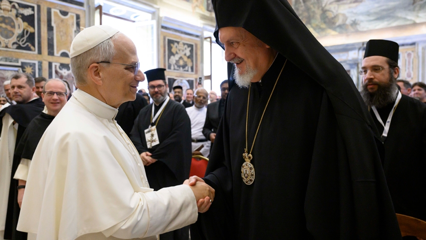 Pope Leo XIV greets Orthodox Metropolitan Emmanuel of Chalcedon, a bishop of the Orthodox Ecumenical Patriarchate, during a meeting in the Apostolic Palace at the Vatican June 7, 2025, with participants attending a conference on the ecumenical implications of the 1,700th anniversary of the Council of Nicaea. (CNS photo/Vatican Media)