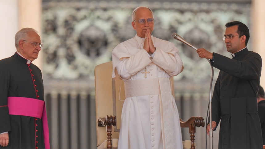 Pope Leo XIV prays as he begins his weekly general audience in St. Peter's Square at the Vatican June 11, 2025. (CNS photo/Lola Gomez)
