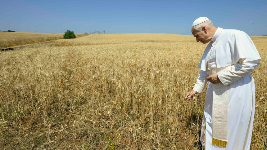 Pope Leo XIV visits a field where the Vatican is studying setting up a solar farm on land surrounding the Vatican Radio shortwave transmission center at Santa Maria di Galeria outside of Rome June 19, 2025. (CNS photo/Vatican Media)
