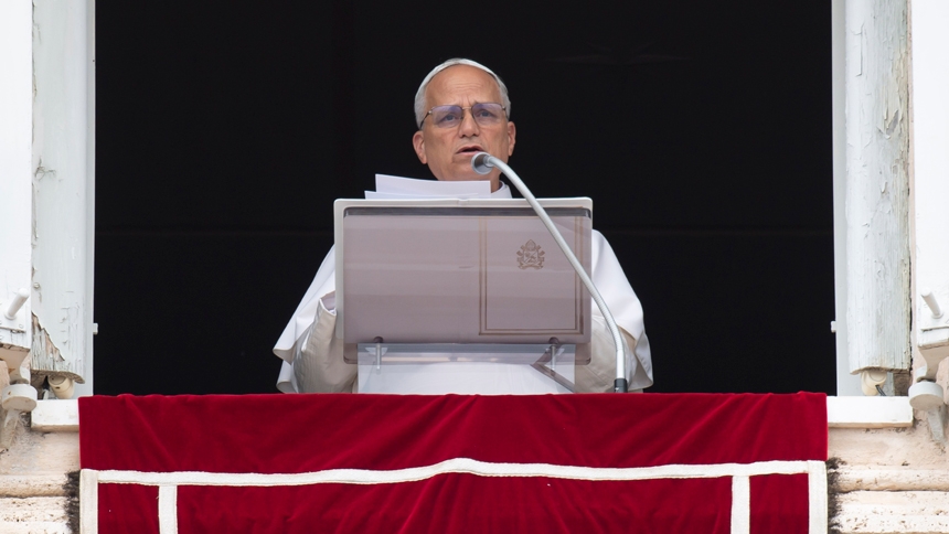 Pope Leo XIV, after reciting the Angelus prayer at the Vatican, appeals for peace hours after the U.S. bombed nuclear enrichment facilities in Iran June 22, 2025. (CNS photo/Vatican Media)