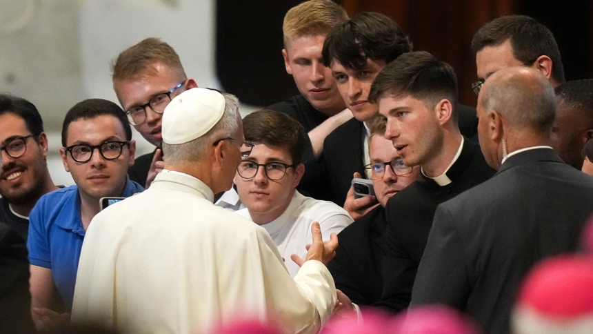 Pope Leo XIV greets seminarians after leading a meditation in St. Peter's Basilica at the Vatican June 24, 2025, as part of the Jubilee of Seminarians. (CNS photo/Lola Gomez)