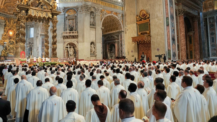 Priests join in prayer during Mass with Pope Leo XIV on the feast of the Sacred Heart of Jesus in St. Peter’s Basilica at the Vatican June 27, 2025. (CNS photo/Lola Gomez)