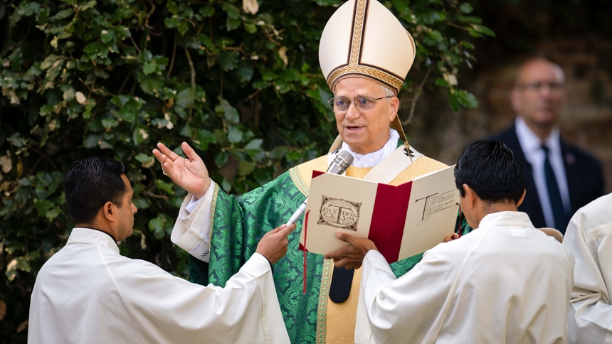Pope Leo XIV gives his blessing while celebrating Mass for the Care of Creation on the grounds of the Borgo Laudato Si' ecology center in Castel Gandolfo, Italy, July 9, 2025. (CNS photo/Cristian Gennari, pool)