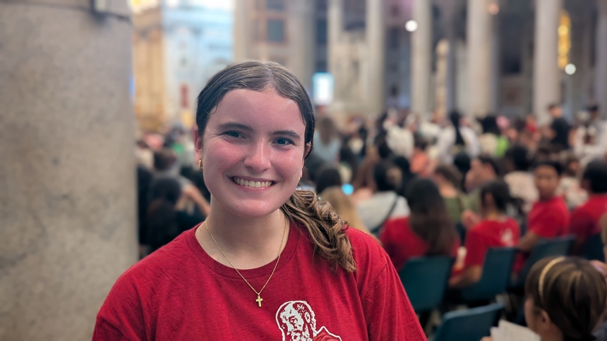 Grace Gagnon, 17, from the San Francisco Bay Area, California, poses for a photo at the Basilica of St. Paul Outside the Walls in Rome July 30, 2025, during the USA National Jubilee Pilgrim Gathering. (CNS photo/Junno Arocho Esteves)